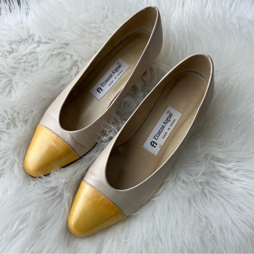 Etienne Aigner Tan and Yellow Toe Block Heel Round Toe Kitten Heels
